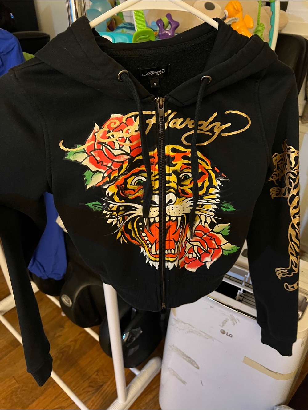 Ed Hardy Black Zip-Up Bomber Jacket with Tiger & Rose Artwork